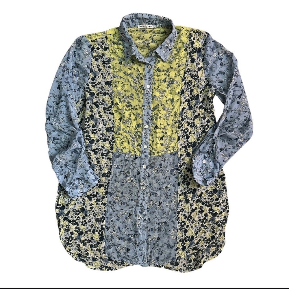 Anthro Figueroa & Flower Large Floral Tunic Top Cottagecore Sheer Yellow Blue